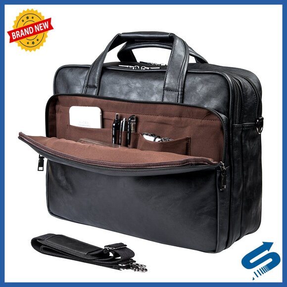 Leather Laptop Messenger Bag 17.3 Inch Business Briefcase Shoulder Bag - Picture 7 of 7